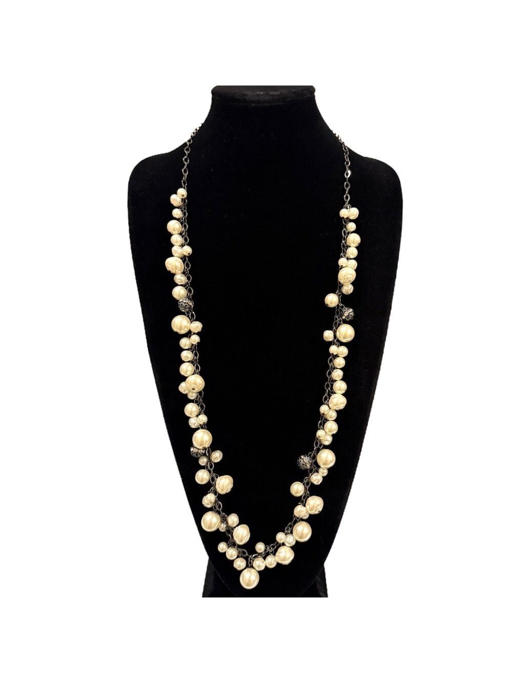 Chico's Gunmetal and Pearl Cluster Long Necklace New